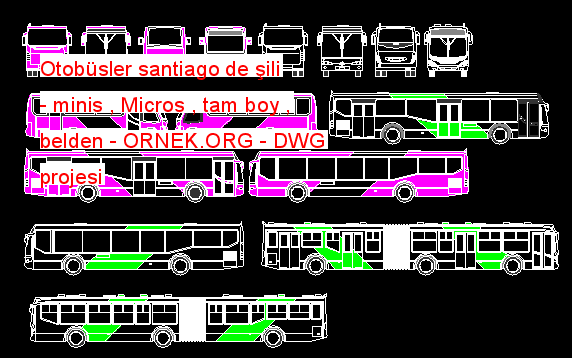Otobüsler santiago de şili - minis , Micros , tam boy , belden Autocad Çizimi
