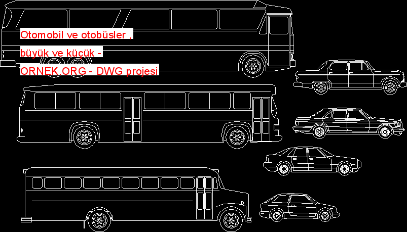 Otomobil ve otobüsler , büyük ve küçük Autocad Çizimi