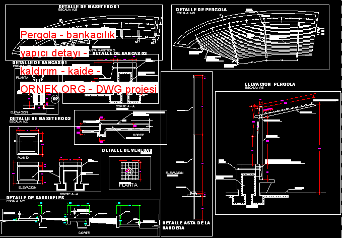 Pergola - bankacılık yapıcı detayı - kaldırım - kaide Autocad Çizimi