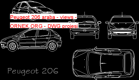 Peugeot 206 araba - views Autocad Çizimi