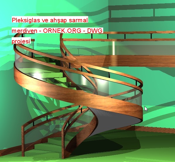 Pleksiglas ve ahşap sarmal merdiven Autocad Çizimi
