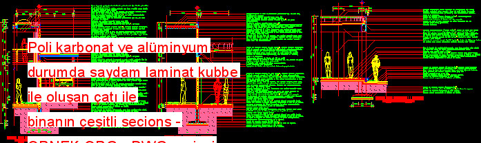 Poli karbonat ve alüminyum durumda saydam laminat kubbe ile oluşan çatı ile binanın çeşitli secions Autocad Çizimi