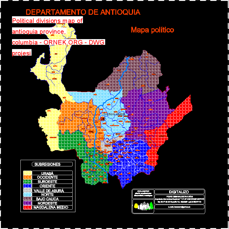 Political divisions map of antioquia province, columbia Autocad Çizimi