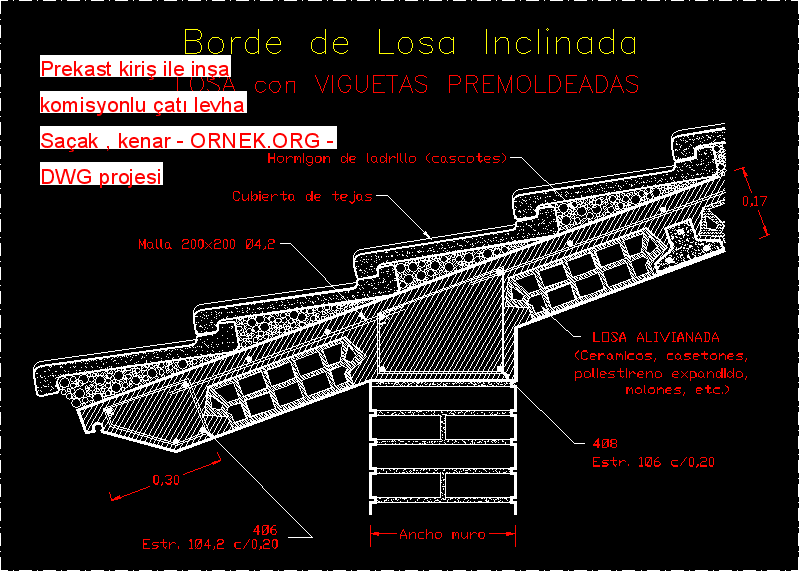 Prekast kiriş ile inşa komisyonlu çatı levha Saçak , kenar Autocad Çizimi