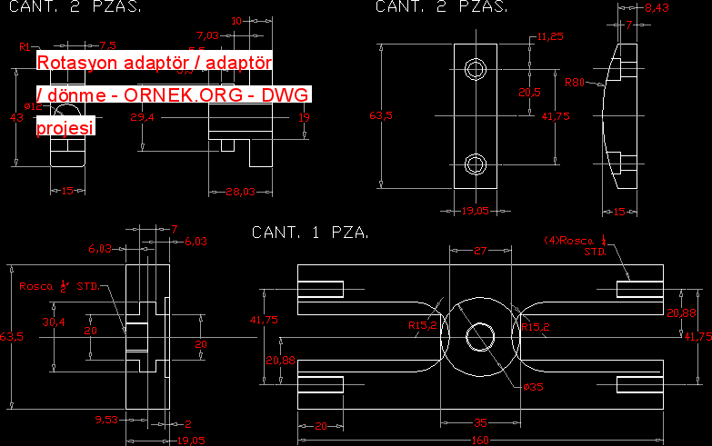 Rotasyon adaptör - adaptör - dönme Autocad Çizimi