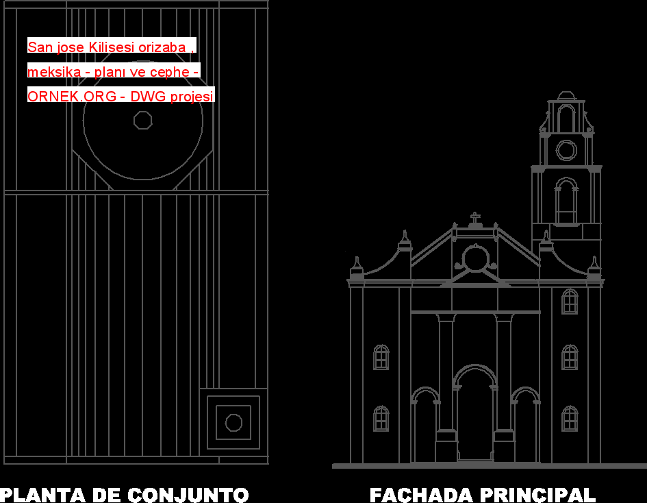 San jose Kilisesi orizaba , meksika - planı ve cephe Autocad Çizimi