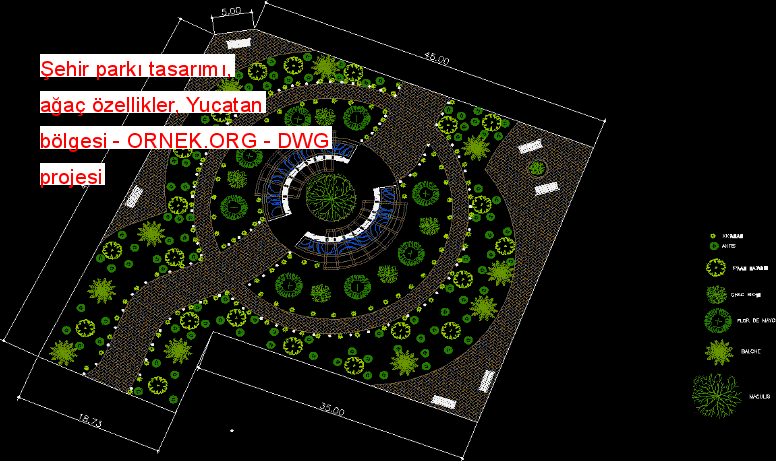Şehir parkı tasarımı, ağaç özellikler, Yucatan bölgesi Autocad Çizimi