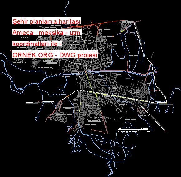 Şehir planlama haritası Ameca , meksika - utm koordinatları ile Autocad Çizimi