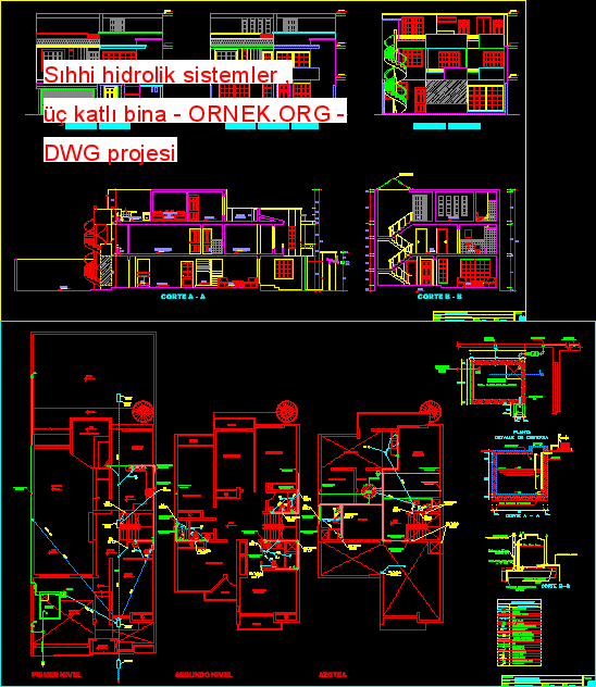Sıhhi hidrolik sistemler , üç katlı bina Autocad Çizimi