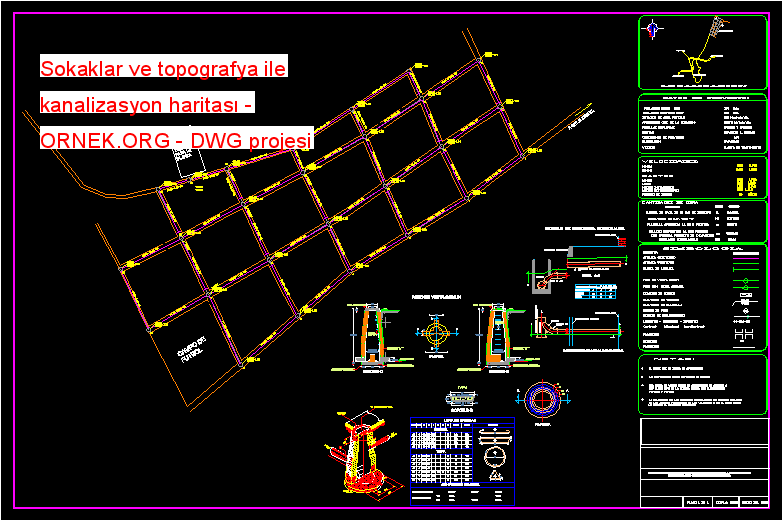 Sokaklar ve topografya ile kanalizasyon haritası Autocad Çizimi