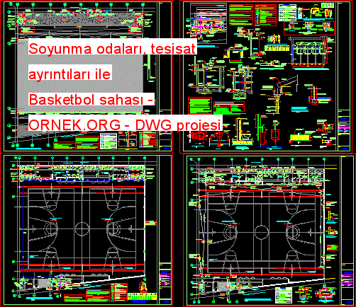 Soyunma odaları, tesisat ayrıntıları ile Basketbol sahası Autocad Çizimi