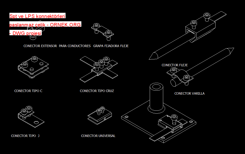 Spt ve LPS konnektörleri paslanmaz çelik Autocad Çizimi
