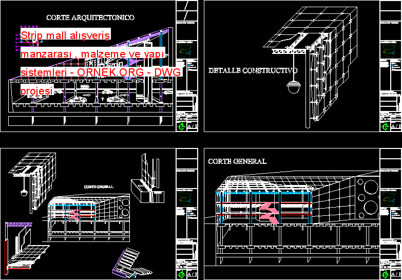 Strip mall alışveriş manzarası , malzeme ve yapı sistemleri Autocad Çizimi