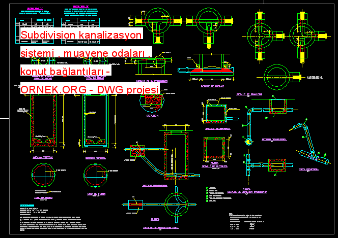 Subdivision kanalizasyon sistemi , muayene odaları , konut bağlantıları Autocad Çizimi