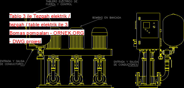 Tablo 3 ile Tezgah elektrik - tezgah - table elektrik ile 3 Bomas pompaları Autocad Çizimi