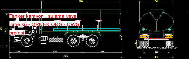 Tanker kamyon , sulama veya içme su Autocad Çizimi