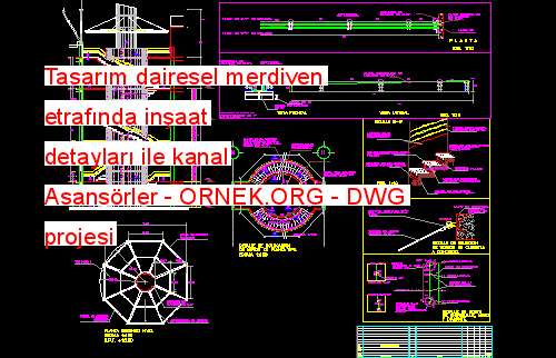 Tasarım dairesel merdiven etrafında inşaat detayları ile kanal Asansörler Autocad Çizimi