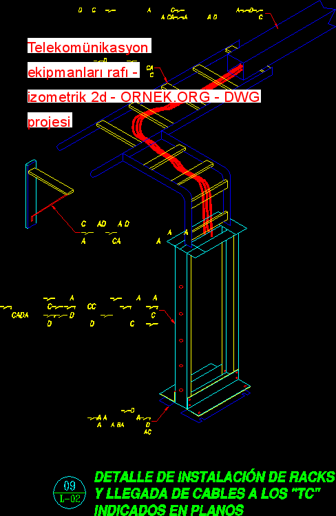 Telekomünikasyon ekipmanları rafı - izometrik 2d Autocad Çizimi