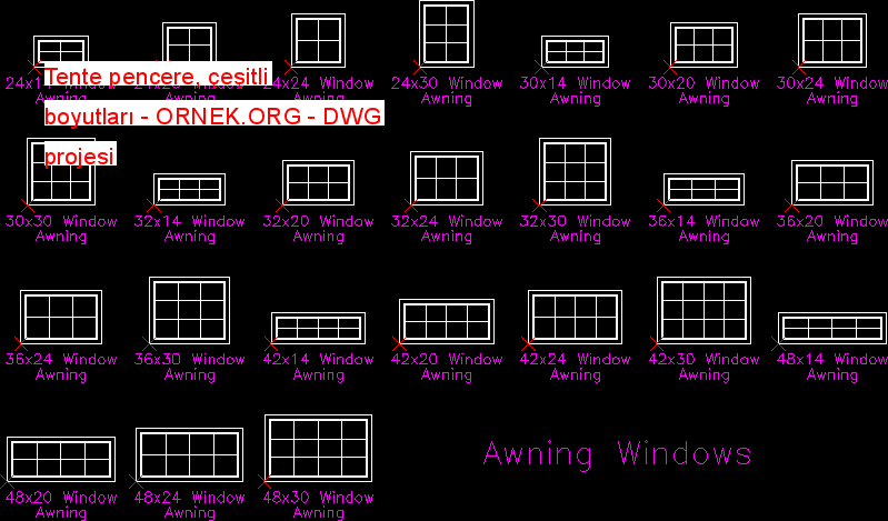 Tente pencere, çeşitli boyutları Autocad Çizimi