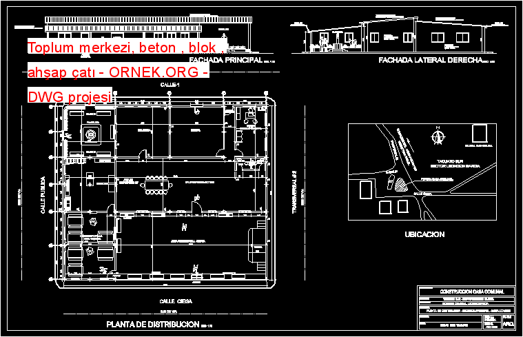Toplum merkezi, beton , blok , ahşap çatı Autocad Çizimi