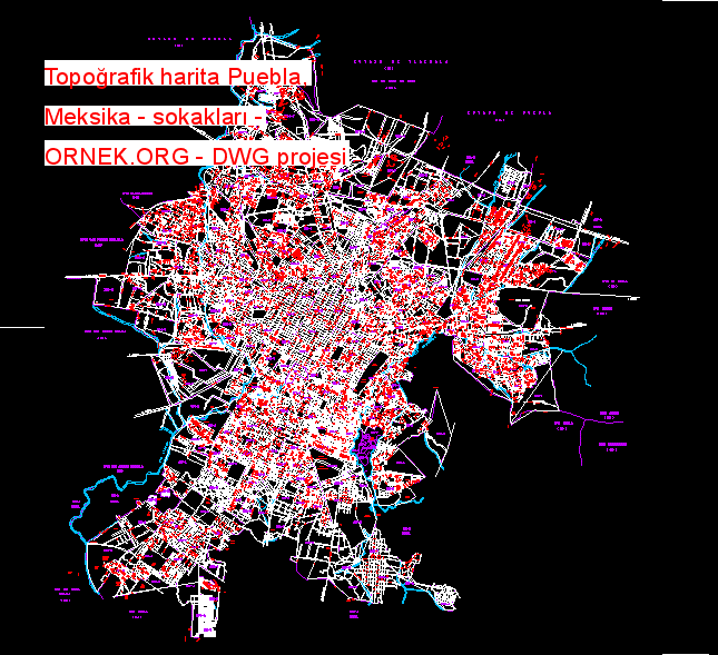 Topoğrafik harita Puebla, Meksika - sokakları Autocad Çizimi