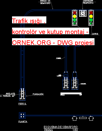 Trafik ışığı , kontrolör ve kutup montaj Autocad Çizimi