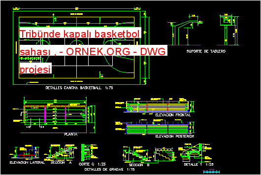 Tribünde kapalı basketbol sahası , Autocad Çizimi