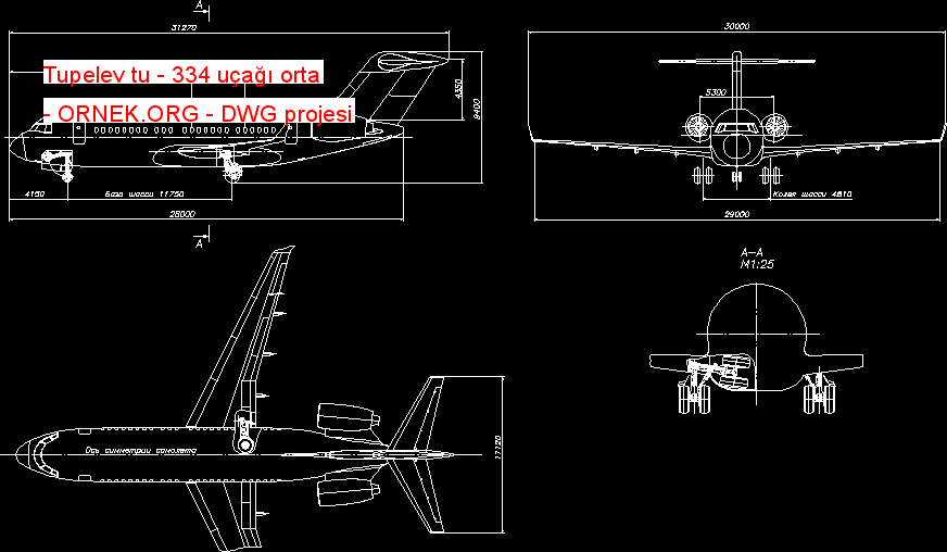 Tupelev tu - 334 uçağı orta Autocad Çizimi