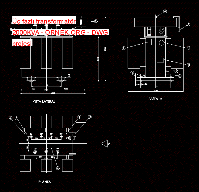 Üç fazlı transformatör 2000KVA Autocad Çizimi