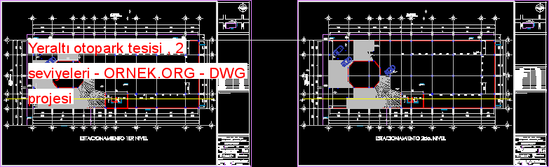 Yeraltı otopark tesisi , 2 seviyeleri Autocad Çizimi
