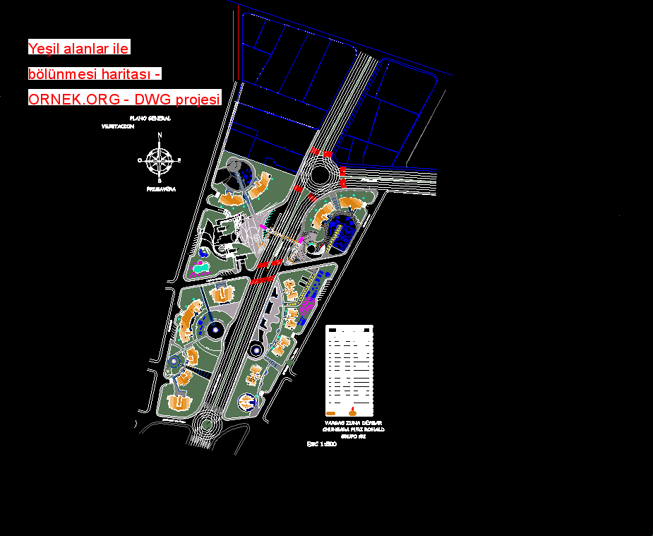 Yeşil alanlar ile bölünmesi haritası Autocad Çizimi