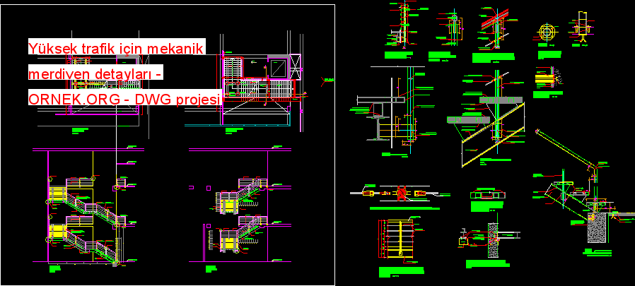 Yüksek trafik için mekanik merdiven detayları Autocad Çizimi