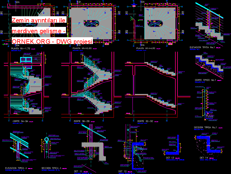 Zemin ayrıntıları ile merdiven gelişme Autocad Çizimi