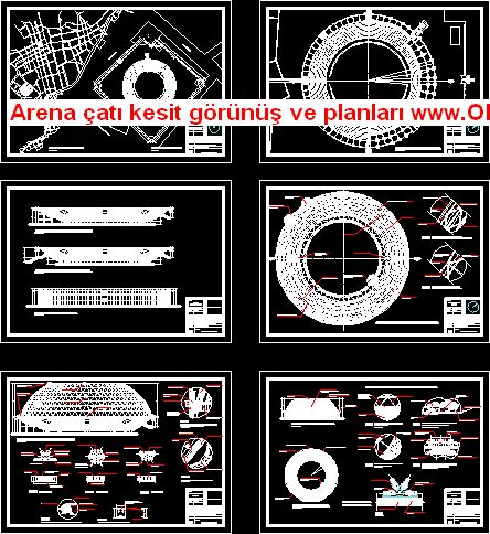 Arena çatı kesit görünüş ve planları Autocad Çizimi