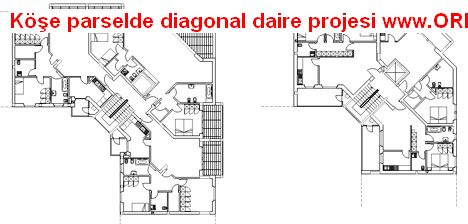 Köşe parselde diagonal daire projesi Autocad Çizimi