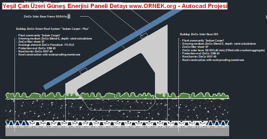Yeşil Çatı Üzeri Güneş Enerjisi Paneli Detayı Autocad Çizimi